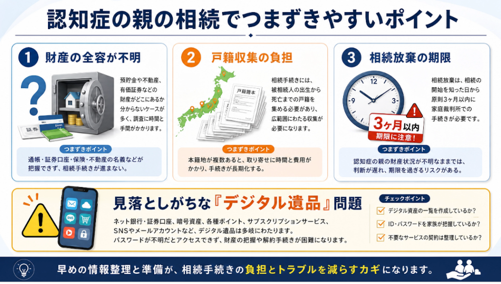 認知症の親の相続でつまずきやすいポイント
1.財産の全貌が不明
2.戸籍収集の負担
3.相続放棄の期限
早めの情報整理と準備が、相続手続きの負担とトラブルを減らすカギ。