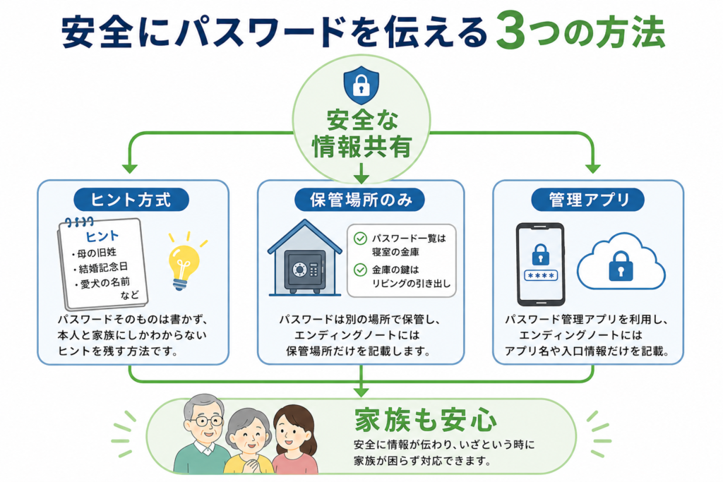 安全にパスワードを伝える3つの方法
1.パスワードをそのまま書かないヒント方式にする。
2.保管場所のみ記載する。
3.管理アプリを利用し、ノートにはアプリ名や入口情報だけを記載する。