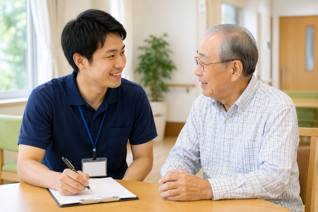 話をする男性介護士と高齢男性