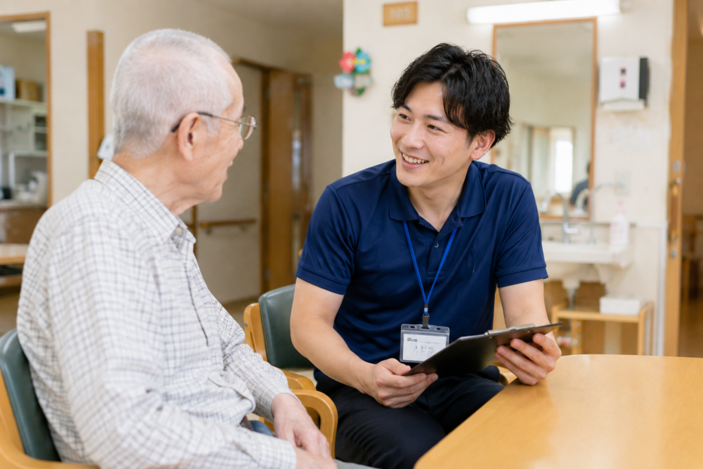 高齢男性に話しかける男性介護士