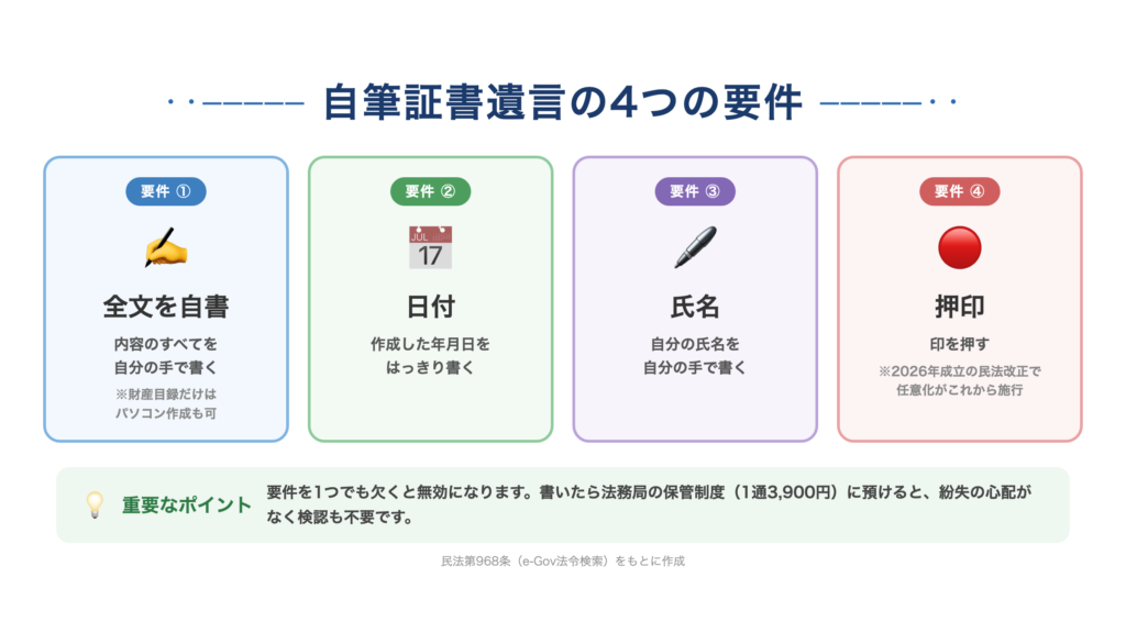 「自筆証書遺言の4つの要件」図解