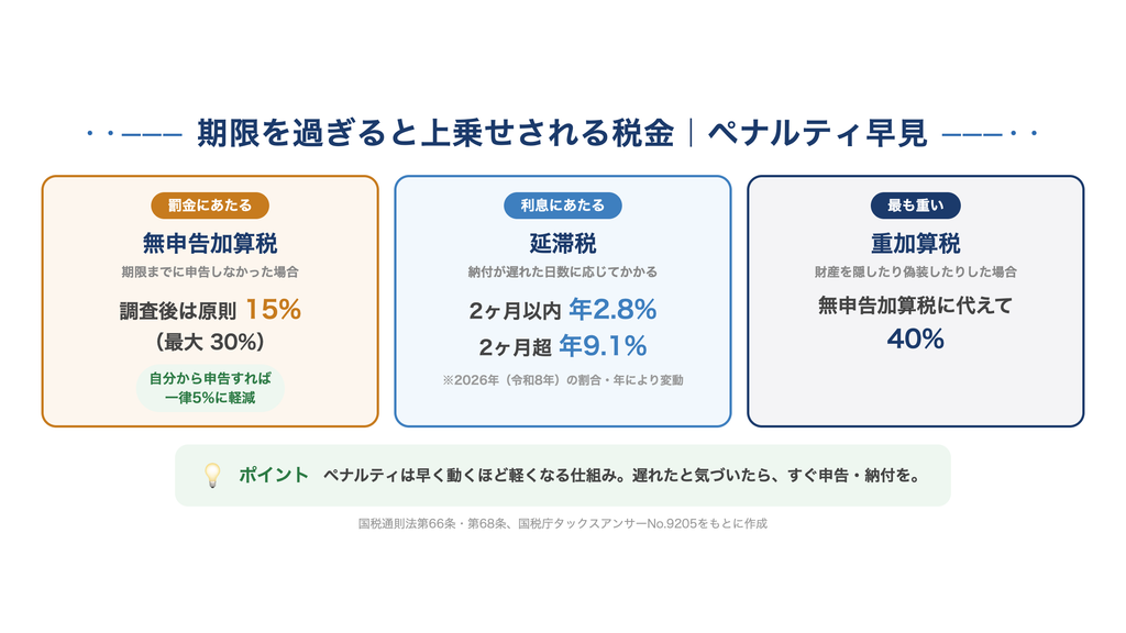 相続税の期限後に上乗せされる税金の早見図。無申告加算税は調査後原則15%で自分から申告すれば5%に軽減、延滞税は2ヶ月以内年2.8%・2ヶ月超年9.1%、財産隠しの重加算税は最も重い40%