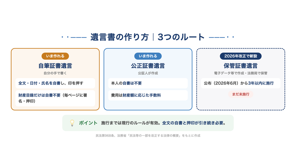 遺言書の作り方3つのルートの比較図。自筆証書遺言は全文・日付・氏名を自書して印を押す方式で、財産目録だけは自書不要。公正証書遺言は公証人が作成する方式で、本人の自書は不要。保管証書遺言は2026年の民法改正で新設される、電子データ等で作成して法務局で保管する方式だが、まだ未施行。施行までは現行のルールが有効で、全文の自書と押印が引き続き必要
